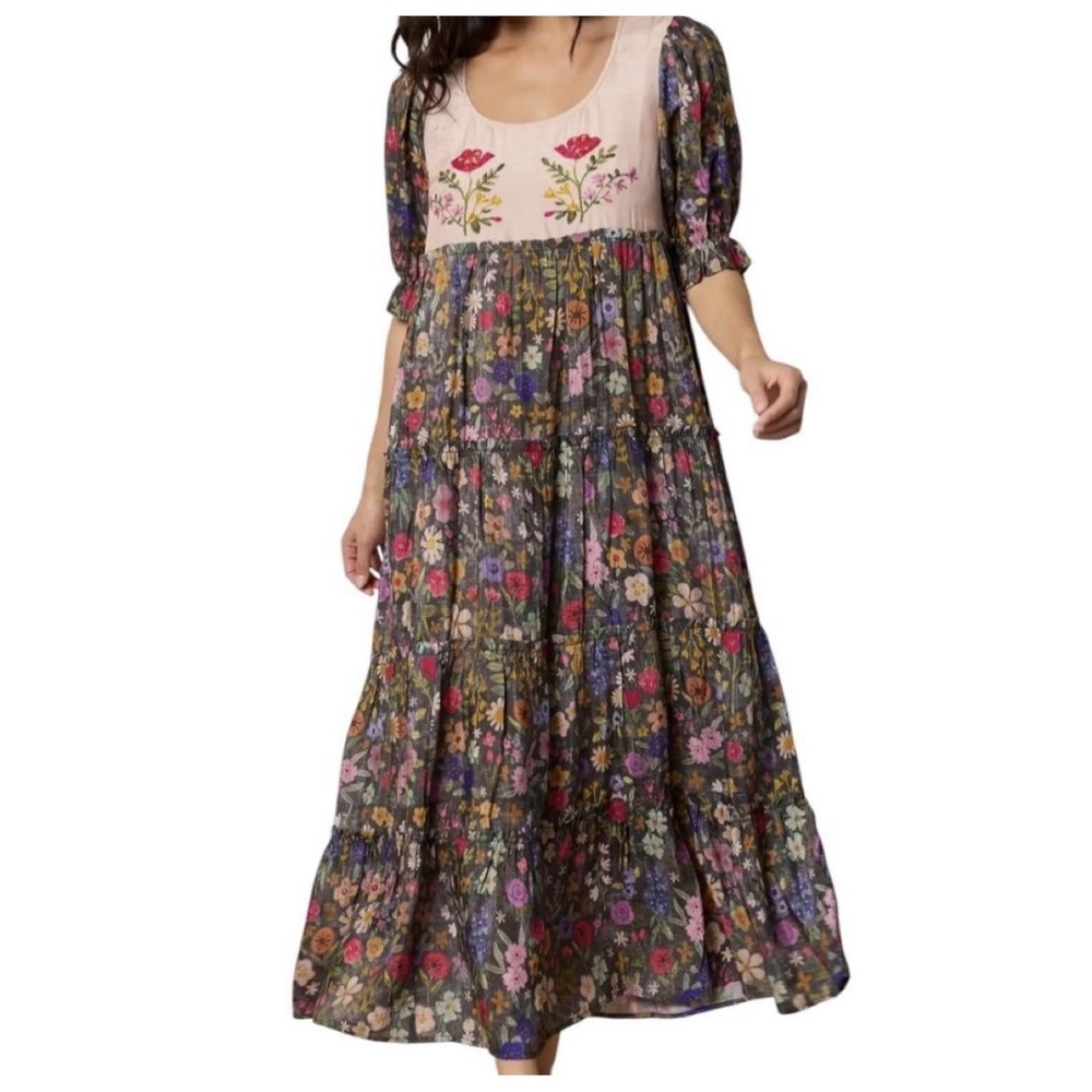 Natural Life Collette Floral Maxi Dress Embroidered Boho Tiered Puff Sleeve M